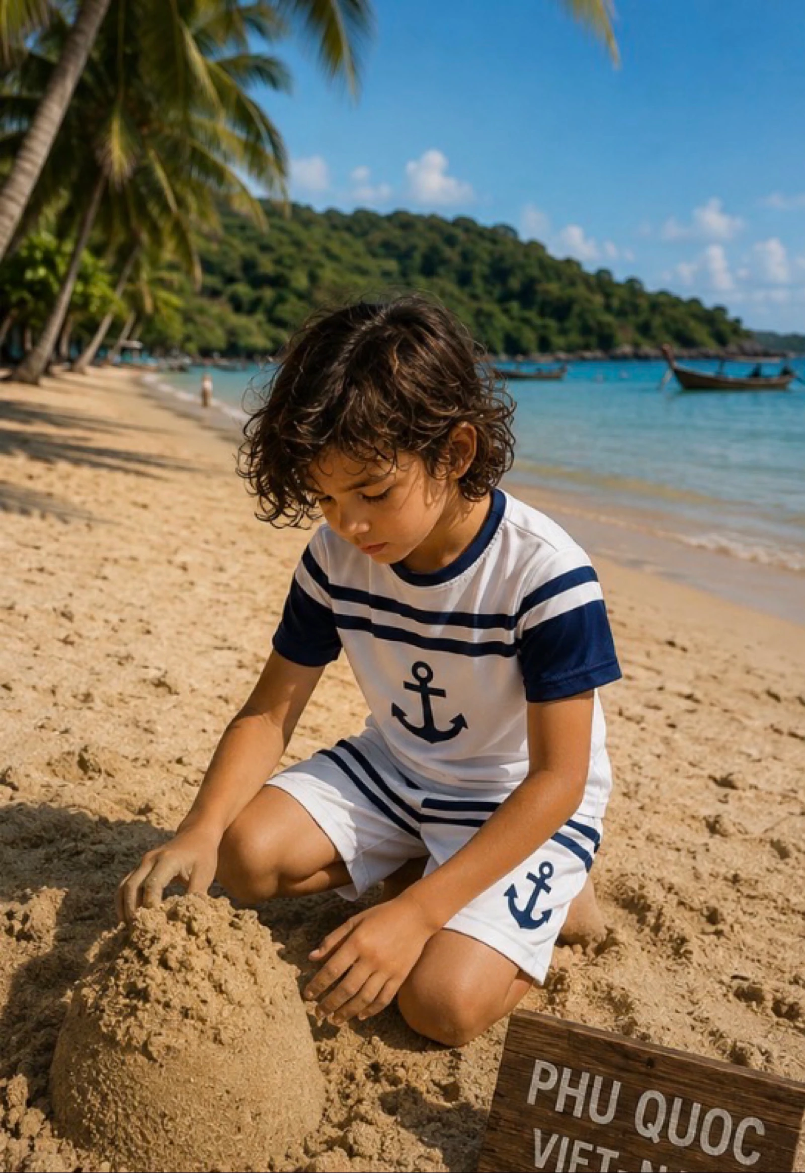 Ensemble de plage marin enfant blanc et bleu – 2 pièces – 9/10 ans